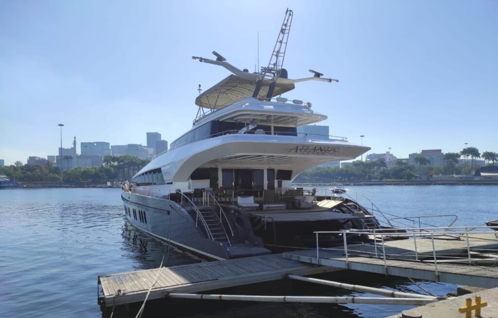 120-foot luxury catamaran docked at the marina in Rio de Janeiro
