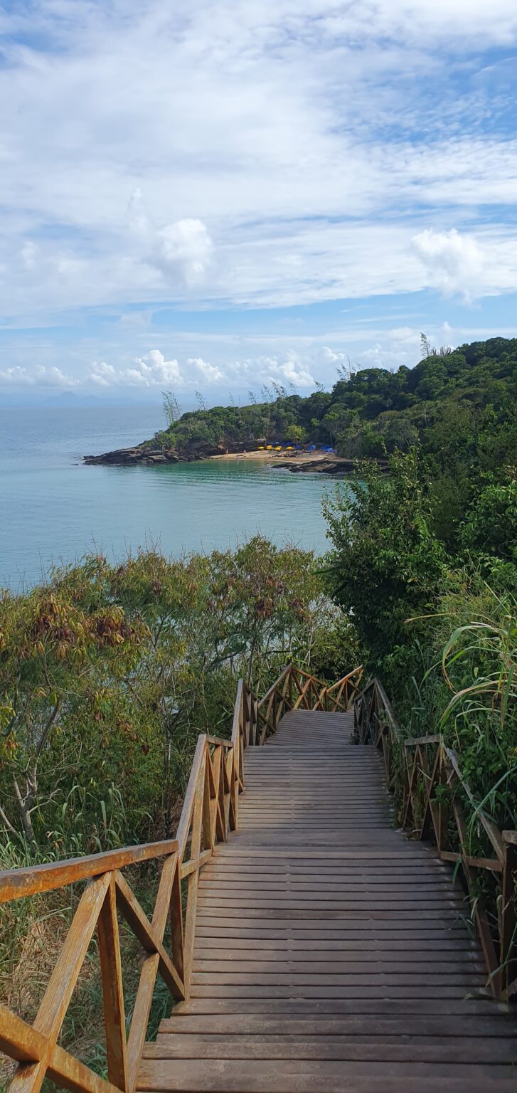 Wooden stairway leading down to Praia dos Ossos in Búzios
