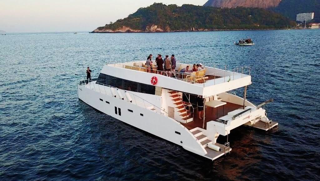 Luxury catamaran cruising Guanabara Bay in Rio de Janeiro