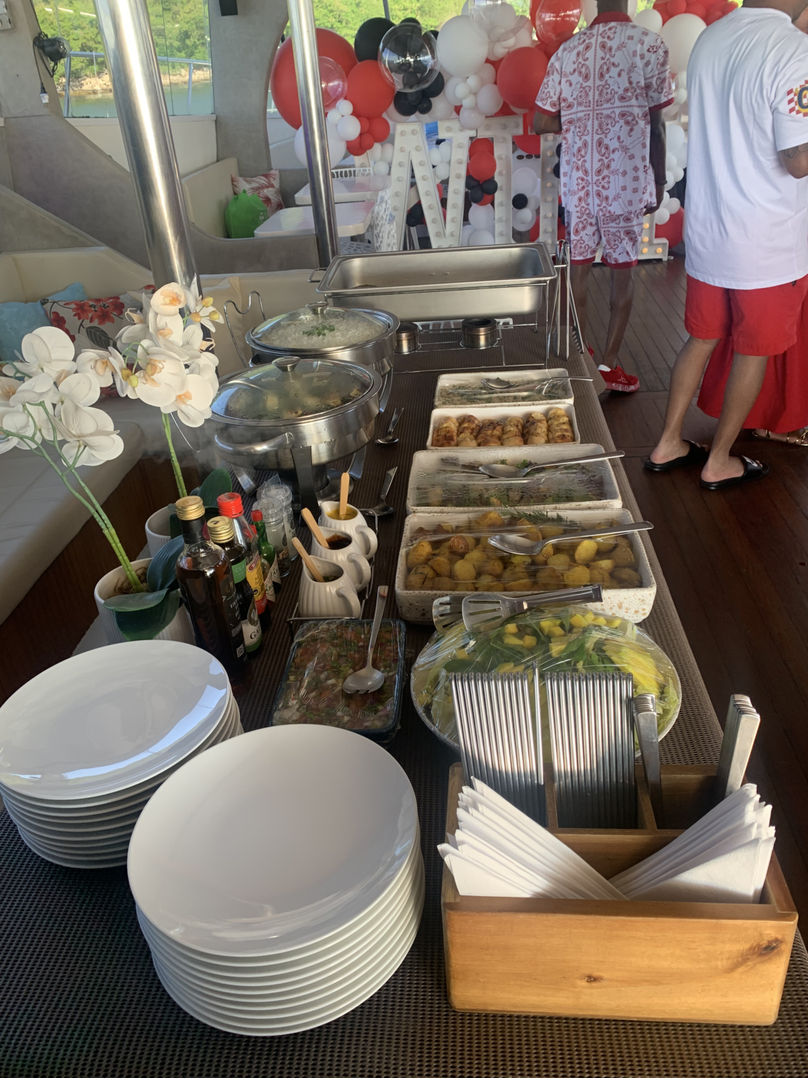 Buffet table served on a private catamaran cruise in Rio de Janeiro