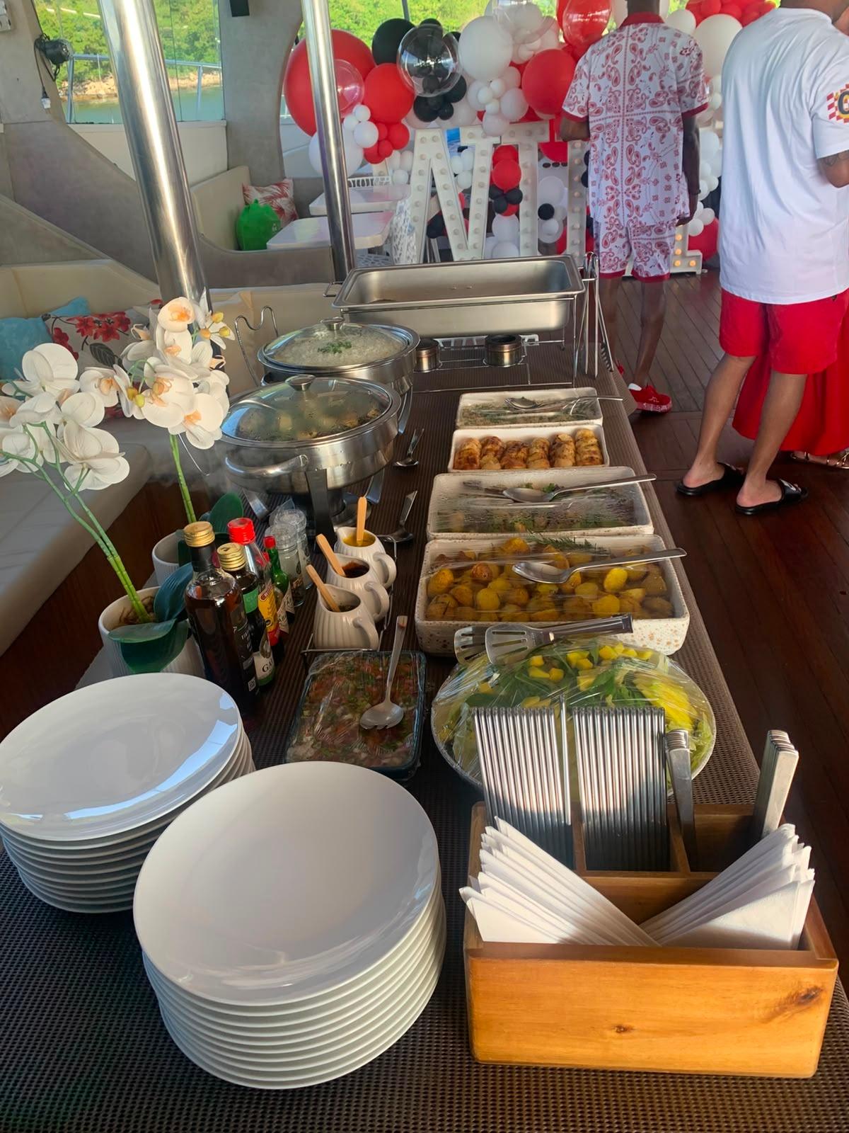 Buffet served on board a private catamaran cruise in Rio de Janeiro